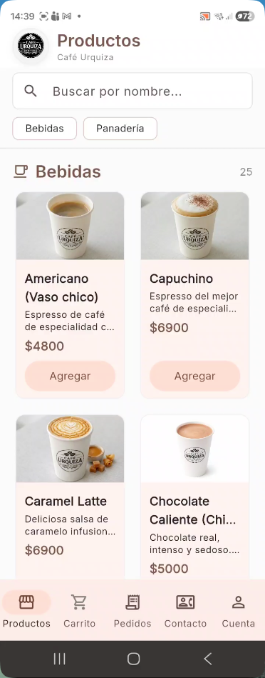 Captura de la app Café Urquiza: menú de bebidas y productos