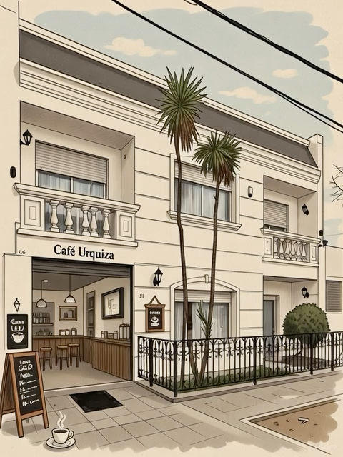 Ilustración de la casona de Café Urquiza en Urquiza 26, Cipolletti